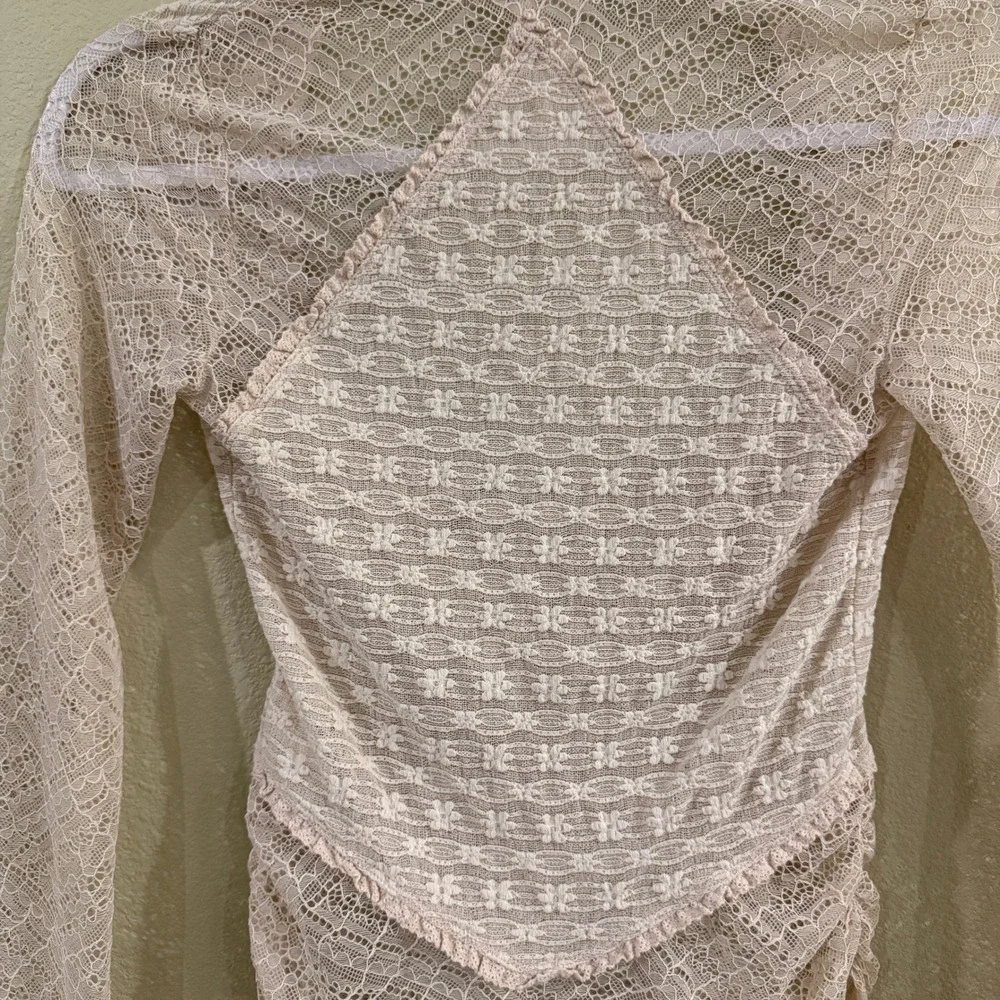 Free People My Party‎ Lace Top Womens XS Cream Long Sleeve Sheer Boho Coquette